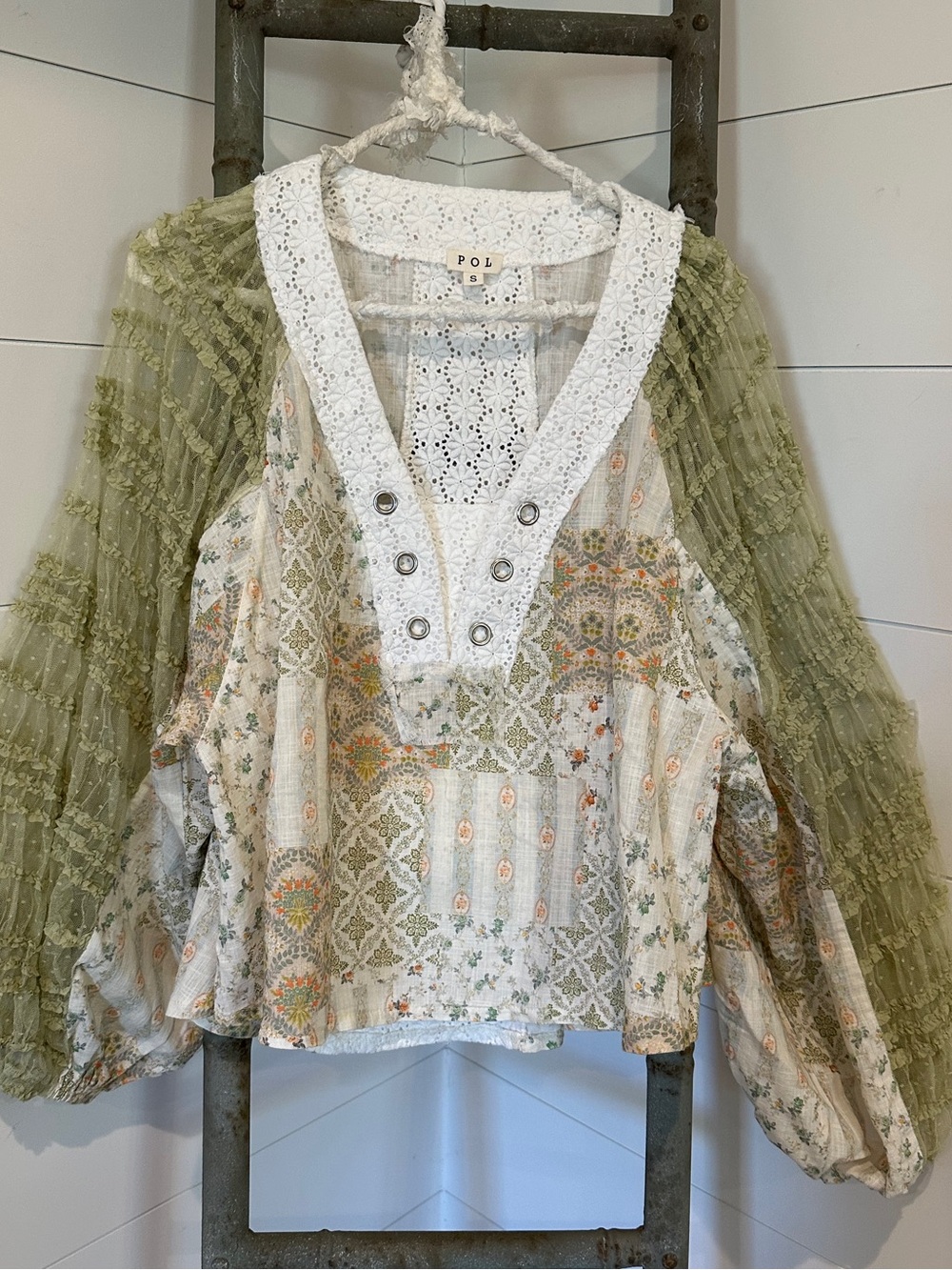 NEW POL Crochet Yoke Patchwork Blouse in Lime green Bell Sleeves